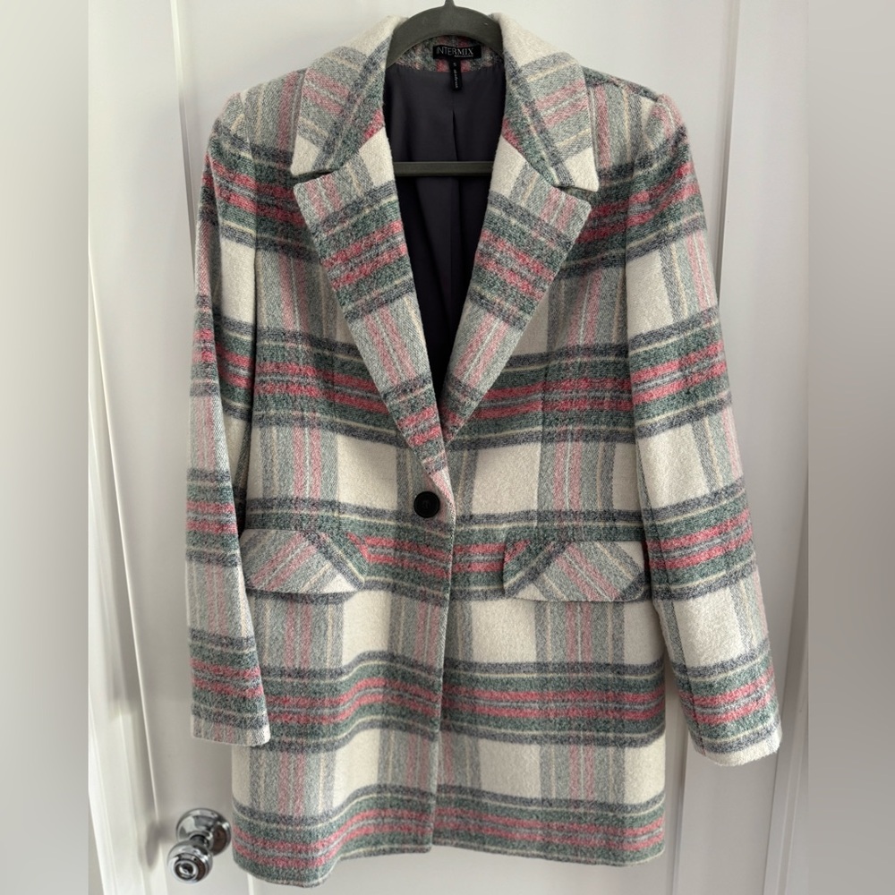 Intermix Plaid Single Button Wool Coat, Sz S